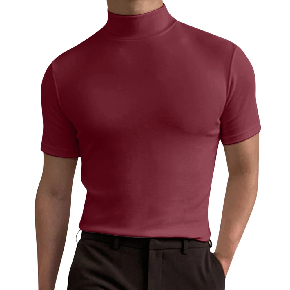 Men Short Sleeves Top High Elasticity Pure Color Turtleneck Slim Fit Undershirt Pullover Wine Red XL