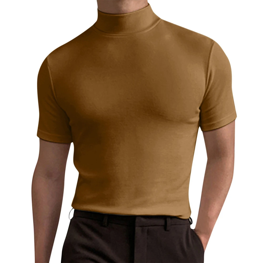 Men Short Sleeves Top High Elasticity Pure Color Turtleneck Slim Fit Undershirt Pullover Khaki S