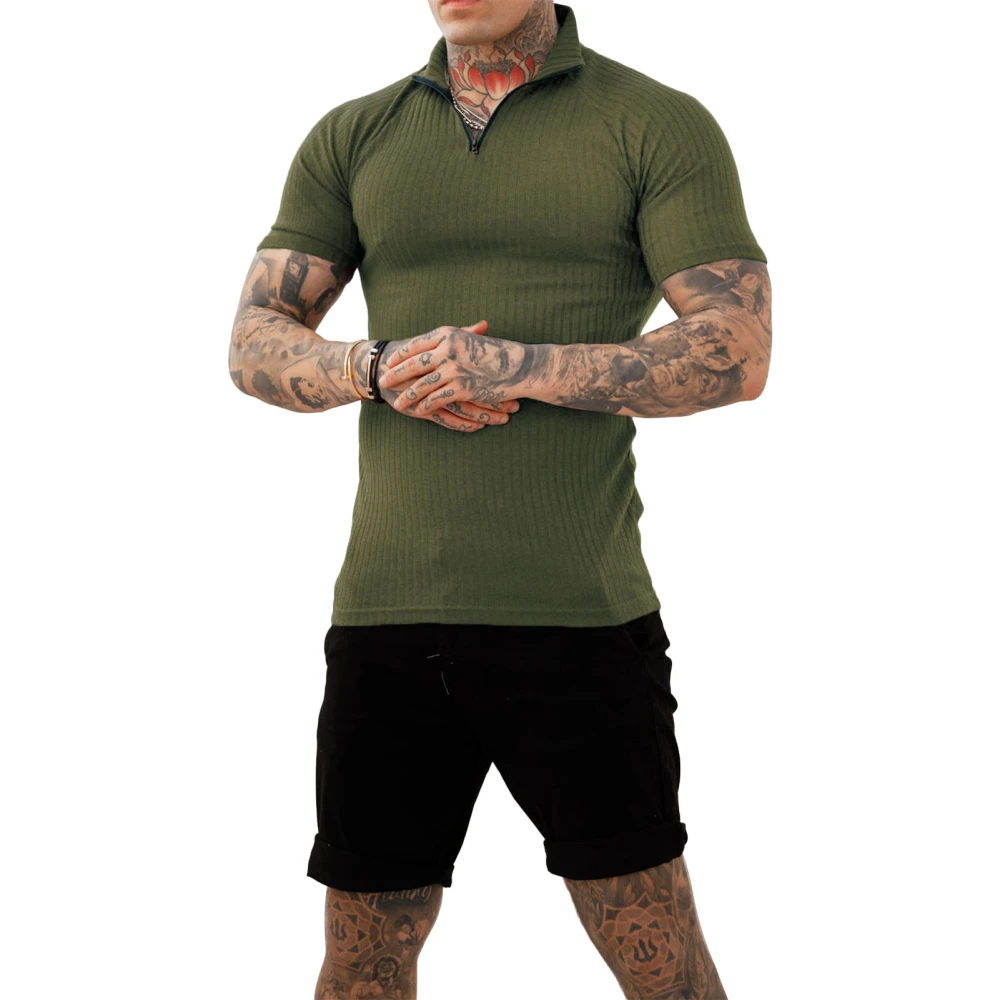 Men Muscle Shirt Short Sleeve Slim Fit Quarter Zip Pure Color Turn Down Collar Stretchy Zipper Shirt OD Green XXL