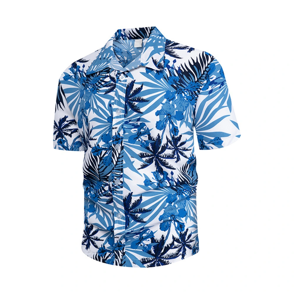 Short Sleeve Print Shirt Men Stylish Casual Turn Down Collar Button Up Beach Shirt for Holiday Party Blue and White L