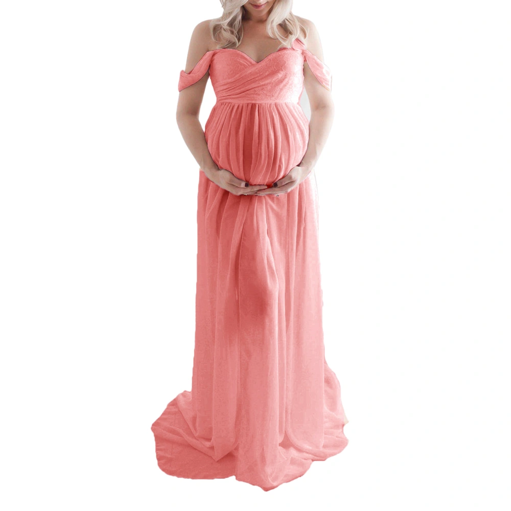 Maternity Long Dress Off Shoulder Elegant Stylish Loose Hem Pregnant Woman Dress for Bridal Shop Shooting Fruity Pink XL