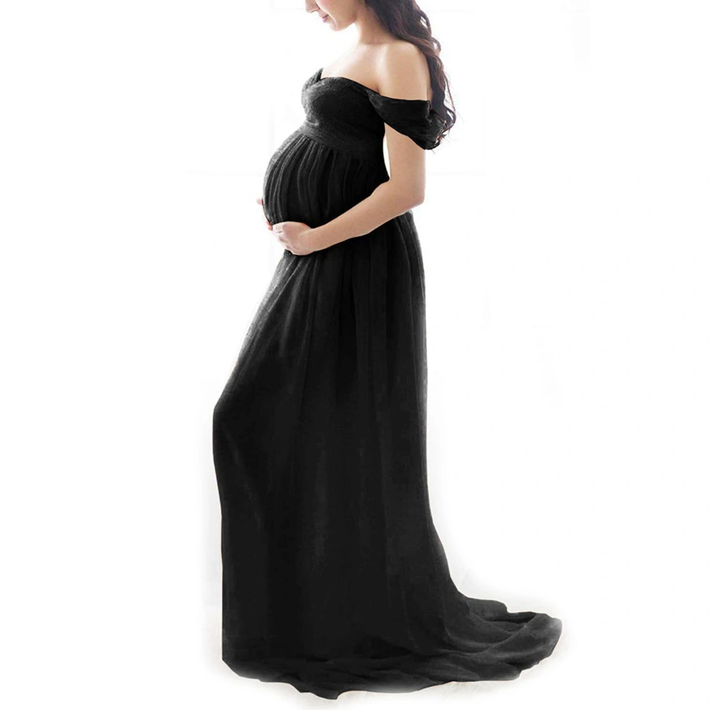 Maternity Long Dress Off Shoulder Elegant Stylish Loose Hem Pregnant Woman Dress for Bridal Shop Shooting Black L