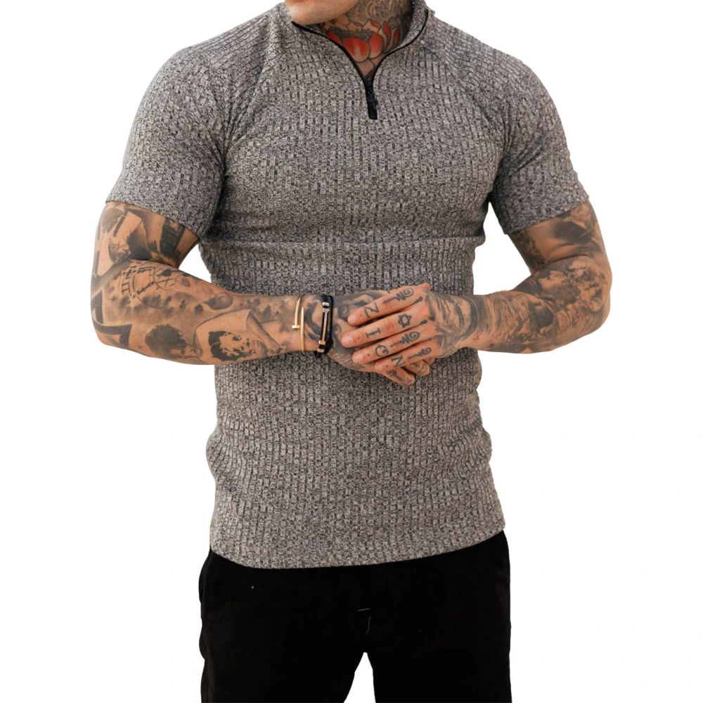 Men Muscle Shirt Short Sleeve Slim Fit Quarter Zip Pure Color Turn Down Collar Stretchy Zipper Shirt Grey 3XL