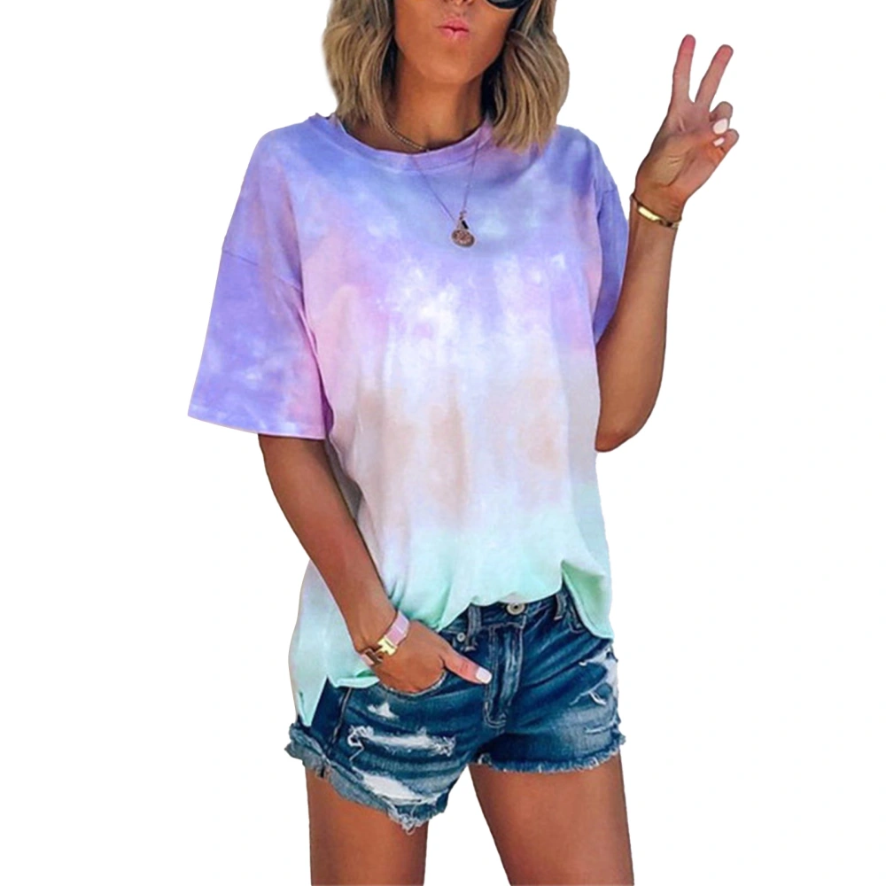 Women Short Sleeve T Shirt Crewneck Tie Dye Gradient Print Casual Fashionable Short Sleeve T Shirt Colorful Blue L