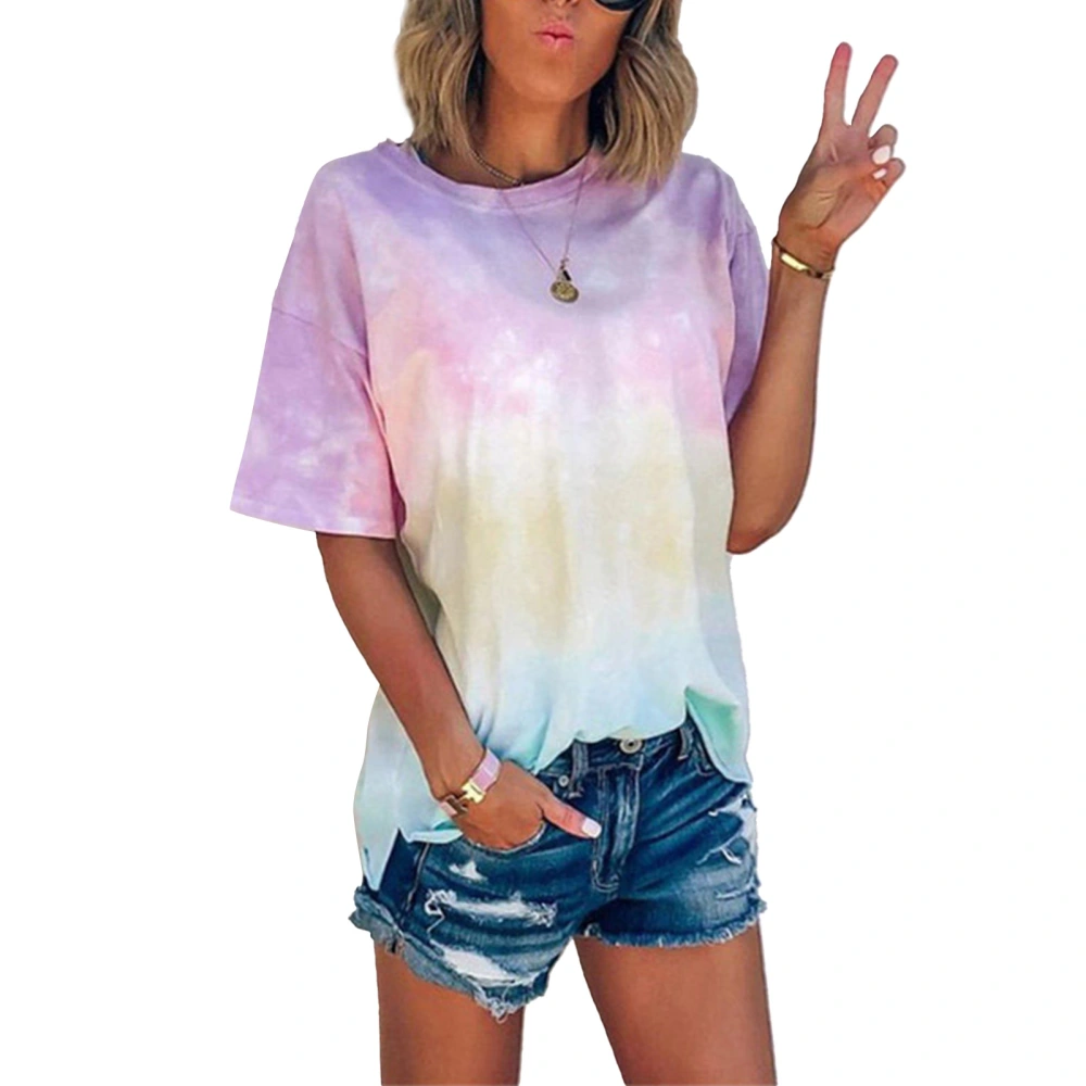 Women Short Sleeve T Shirt Crewneck Tie Dye Gradient Print Casual Fashionable Short Sleeve T Shirt Pink XL