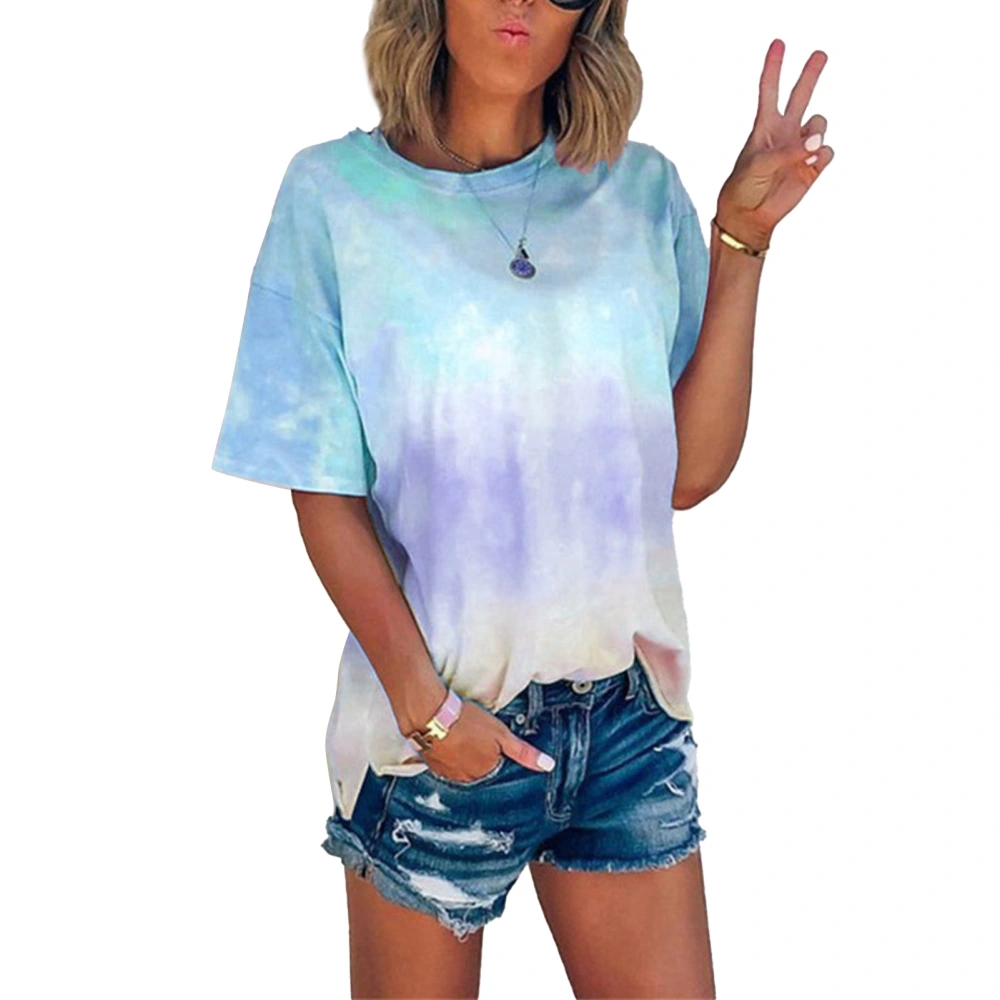 Women Short Sleeve T Shirt Crewneck Tie Dye Gradient Print Casual Fashionable Short Sleeve T Shirt Sky Blue L