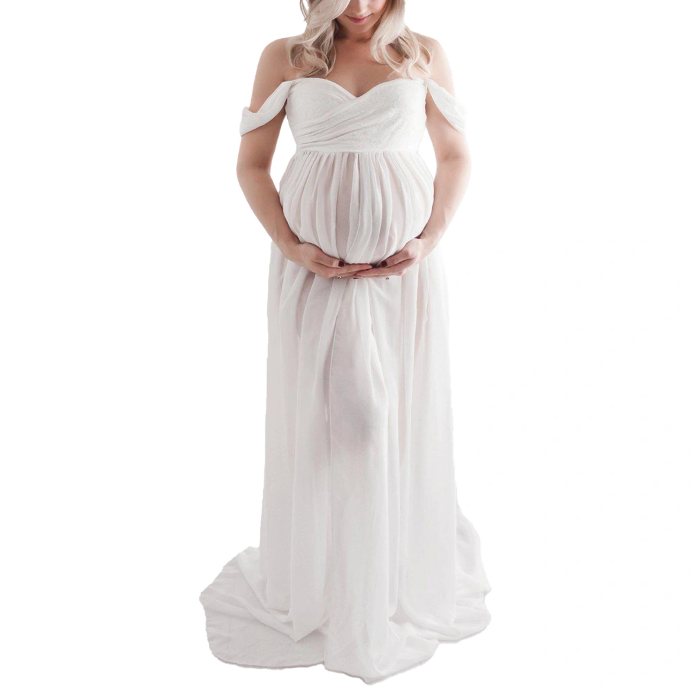 Maternity Long Dress Off Shoulder Elegant Stylish Loose Hem Pregnant Woman Dress for Bridal Shop Shooting White XL