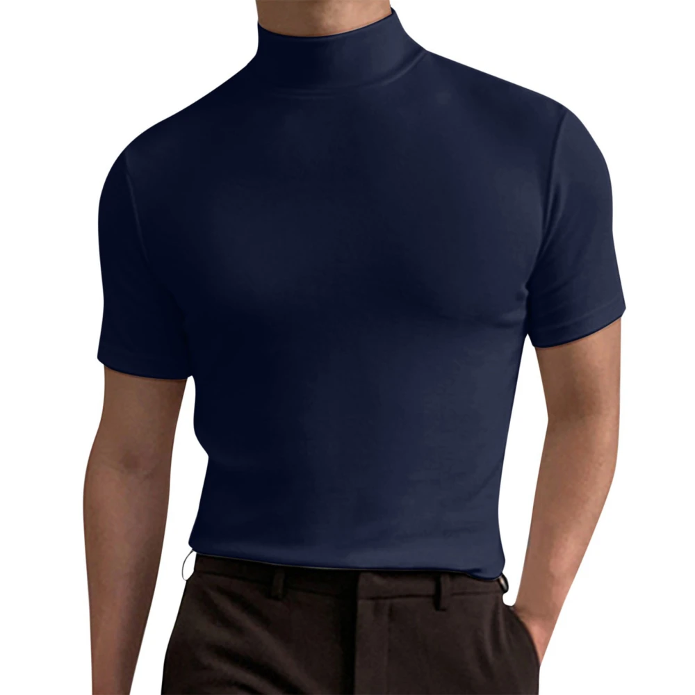 Men Short Sleeves Top High Elasticity Pure Color Turtleneck Slim Fit Undershirt Pullover Purplish Blue M