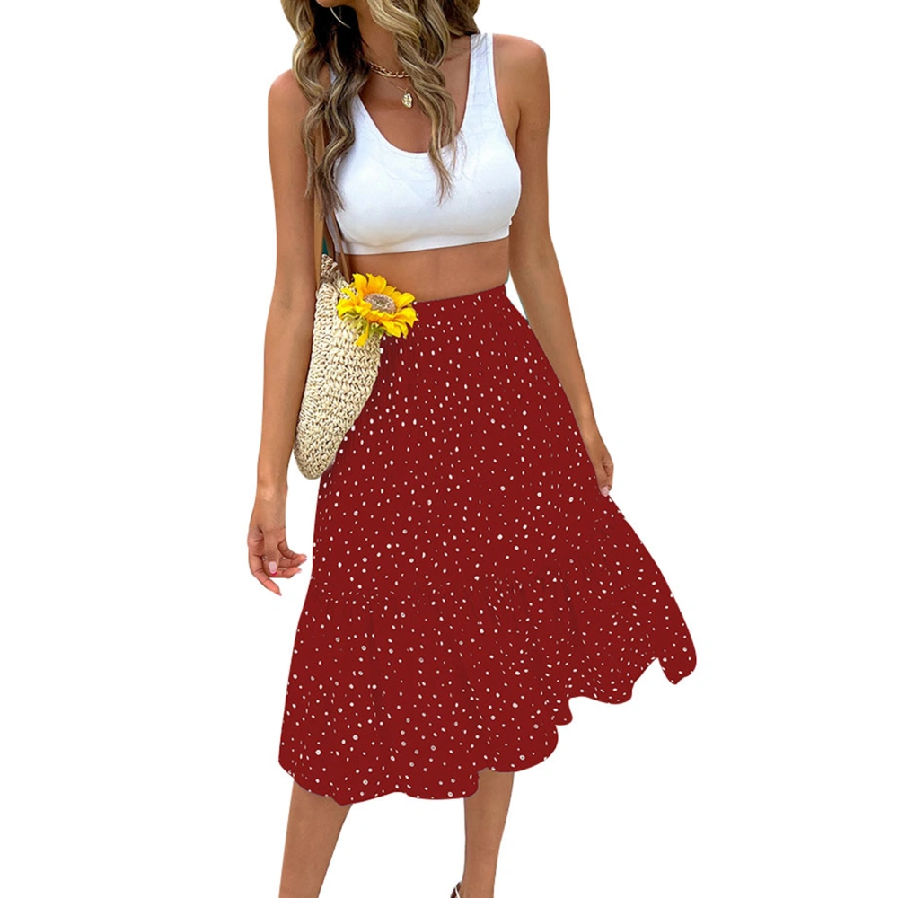 High Waist Long Skirt Women Soft Casual Fashionable Elegant Dot Print Skirt for Holiday Party Dating Burgundy M