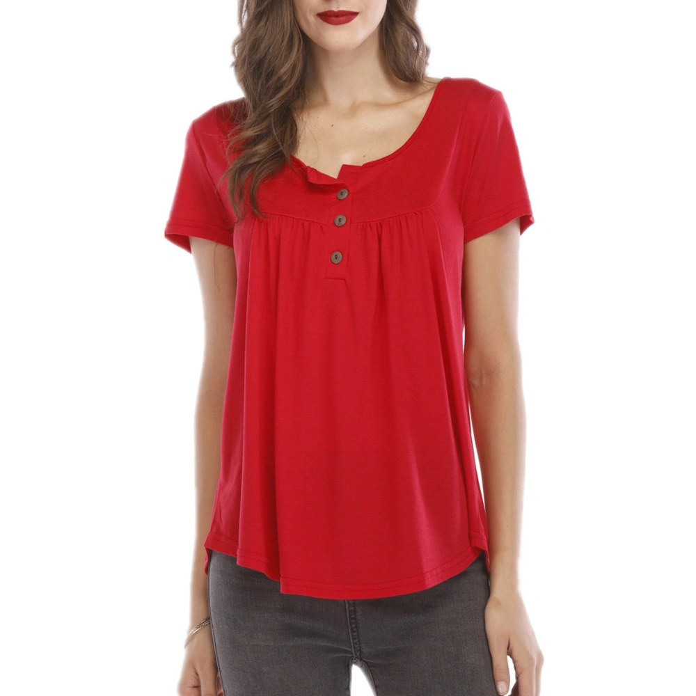 Women Round Neck Top Button Trim Pleated Bust Short Sleeves Loose Type Casual T Shirt Red S