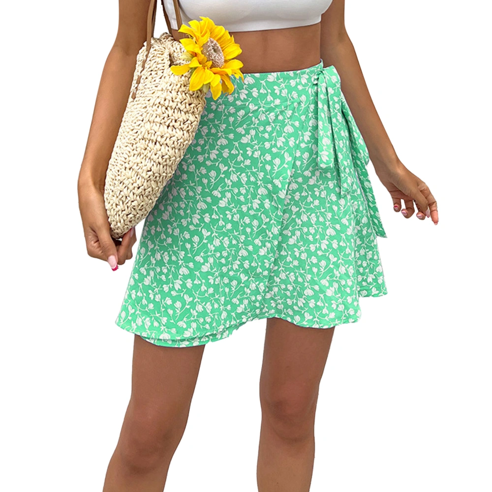 High Waist Floral Print Skirt Women Girl Elegant Fashionable Drawstring Tie Skirt for Dating Party Green XL