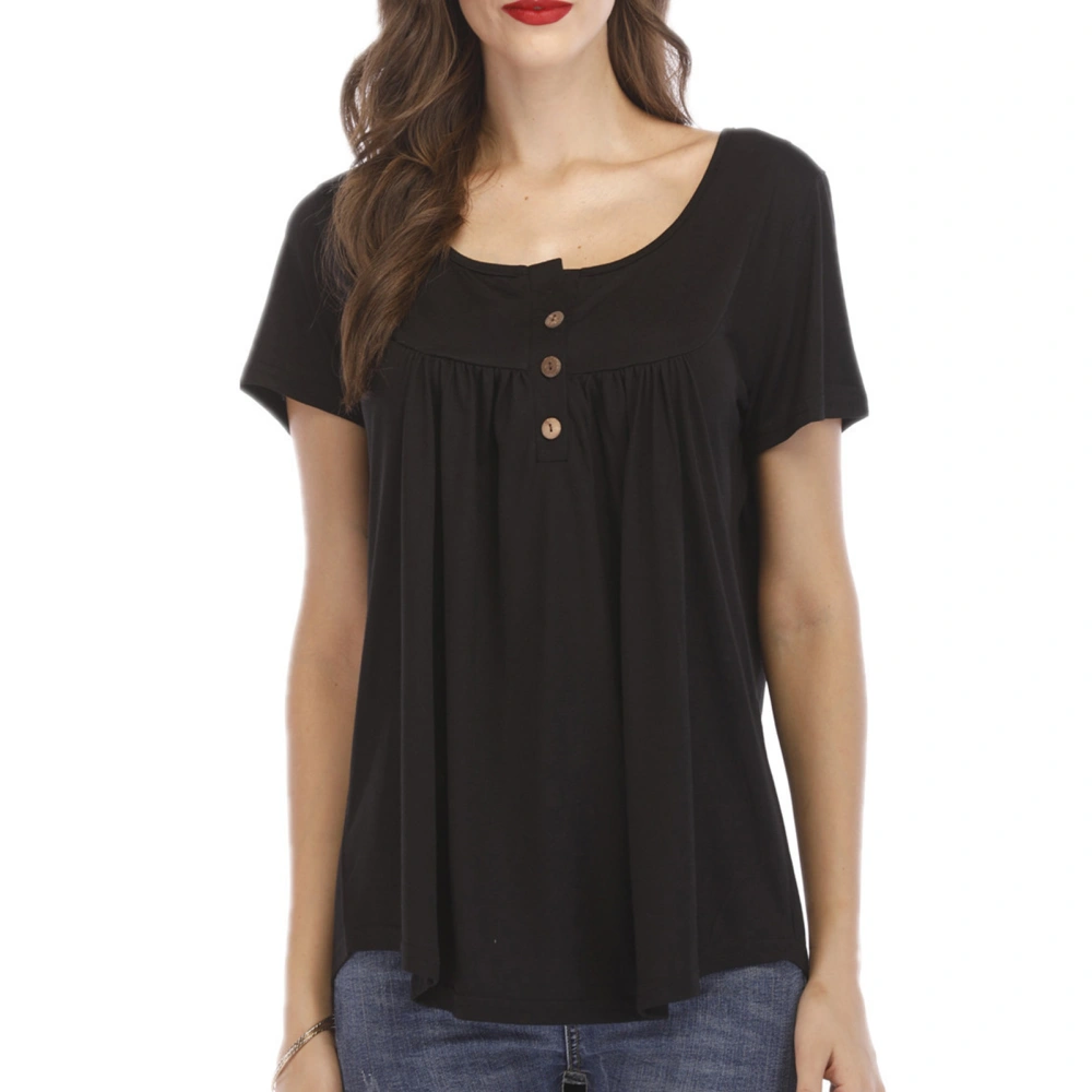 Women Round Neck Top Button Trim Pleated Bust Short Sleeves Loose Type Casual T Shirt Black XL