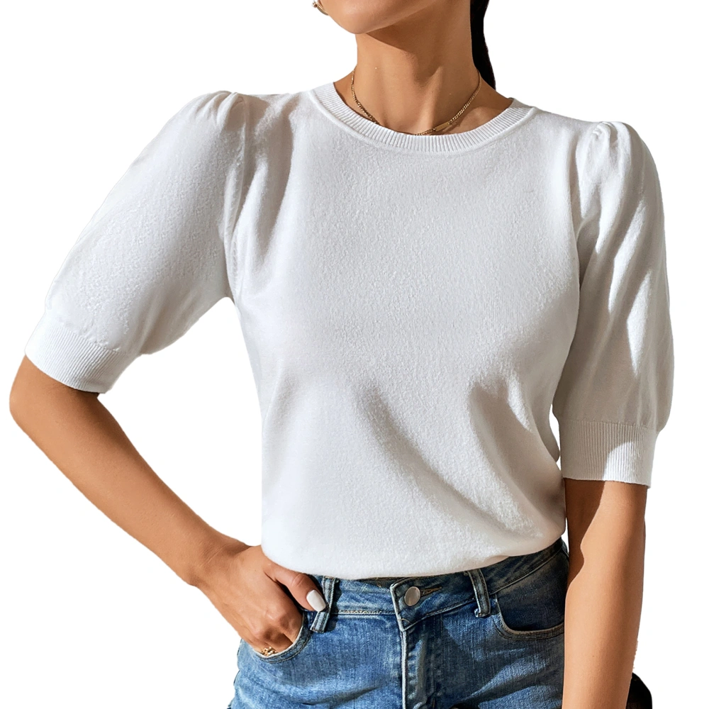 Women Knitted T Shirt Short Puff Sleeves Tighten Cuff Pure Color Casual Summer Top for Daily Wear White XL