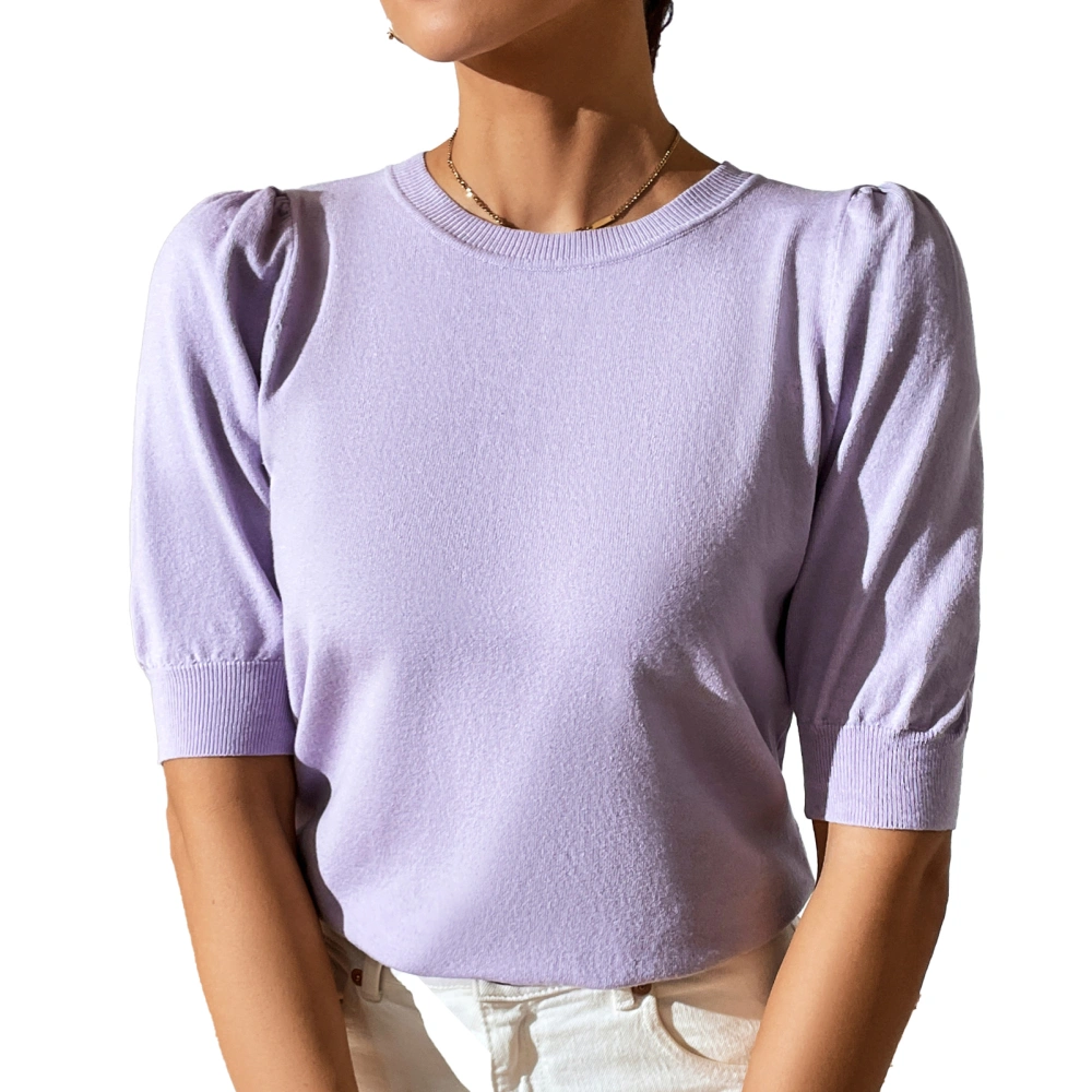 Women Knitted T Shirt Short Puff Sleeves Tighten Cuff Pure Color Casual Summer Top for Daily Wear Purple M