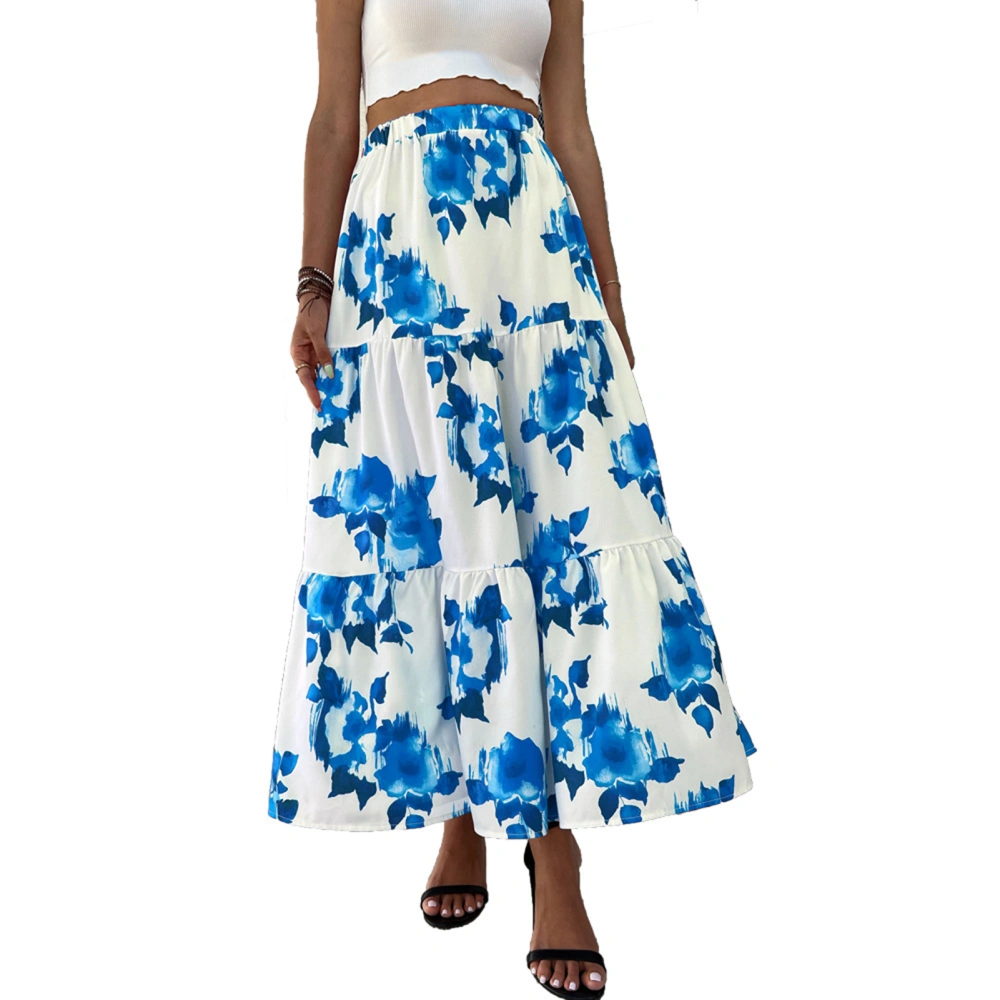 Elastic High Waist Floral Print Skirt Women Fashionable Elegant Tiered Long Skirt for Cocktail Party Blue L