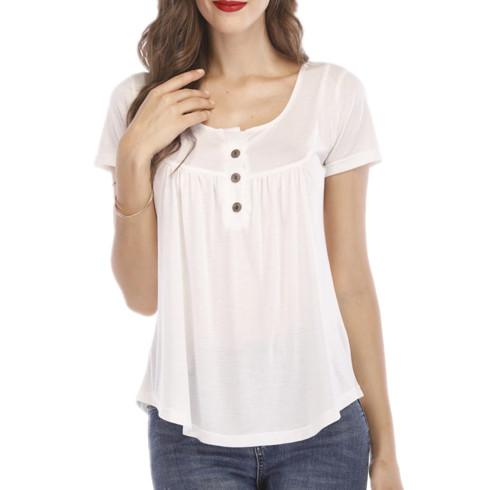 Women Round Neck Top Button Trim Pleated Bust Short Sleeves Loose Type Casual T Shirt White L