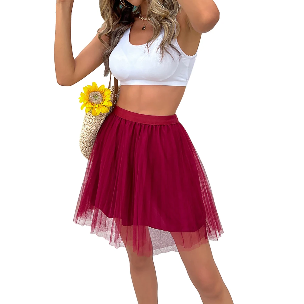 Mesh Ruffle Mini Short Skirt for Women High Waist Fashion Pure Color Mini Short Skirt for Appointments Wine Red S