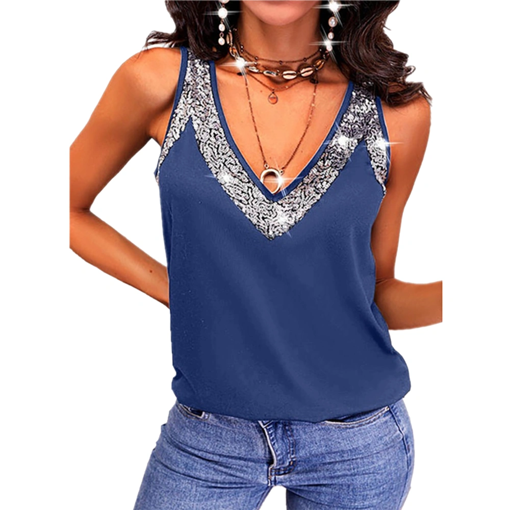 Summer Camisole V Neck Glitter Stitching Polyester Sleeveless Fashionable Comfortable Casual T Shirt for Shopping Blue XL