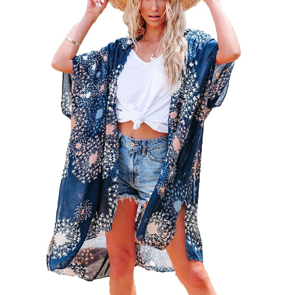 Women Sun Protection Cover Up Floral Printing Half Sleeves Side Split Bikini Front Open Coat Blue Free Size