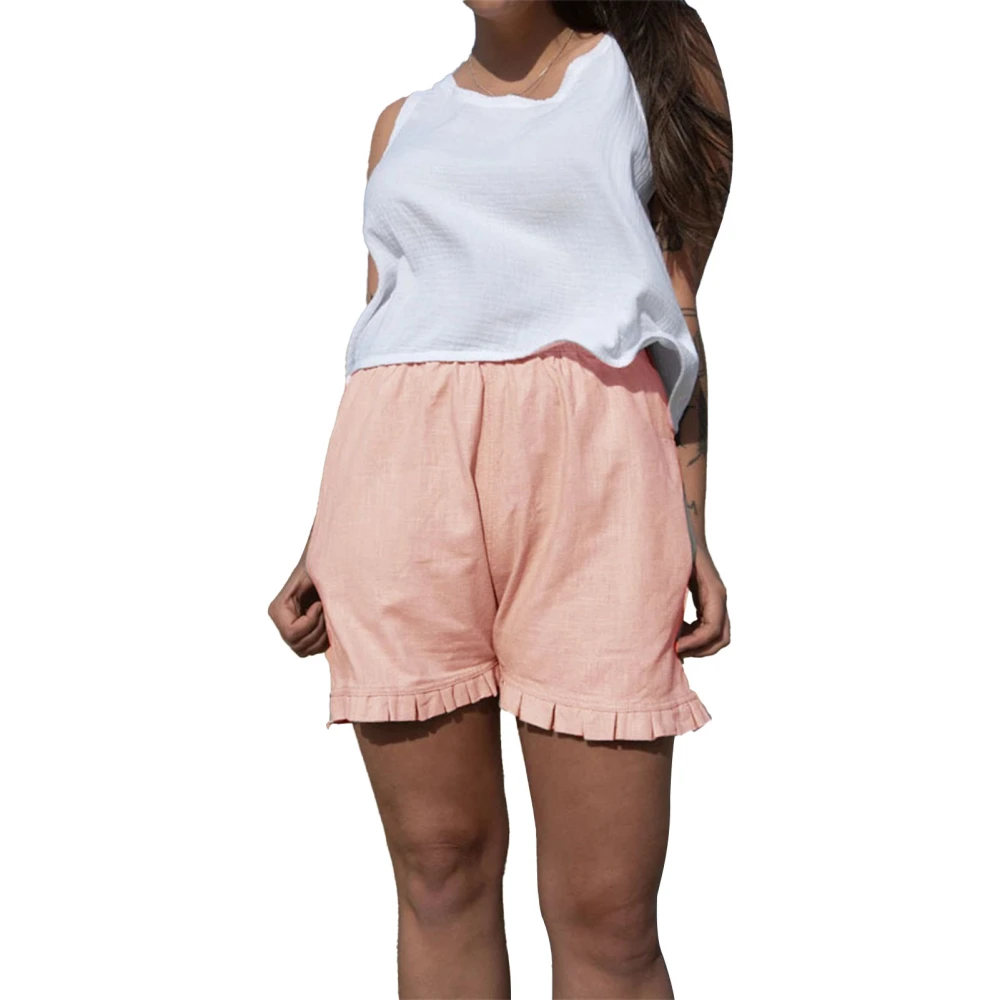 Women Casual Shorts Ruffle Trim Elastic Waist Pure Color Side Pockets Loose Fit Shorts Pink L