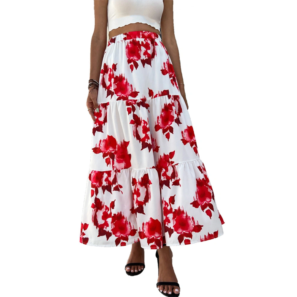 Elastic High Waist Floral Print Skirt Women Fashionable Elegant Tiered Long Skirt for Cocktail Party Red XL