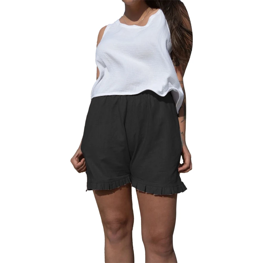 Women Casual Shorts Ruffle Trim Elastic Waist Pure Color Side Pockets Loose Fit Shorts Black 3XL