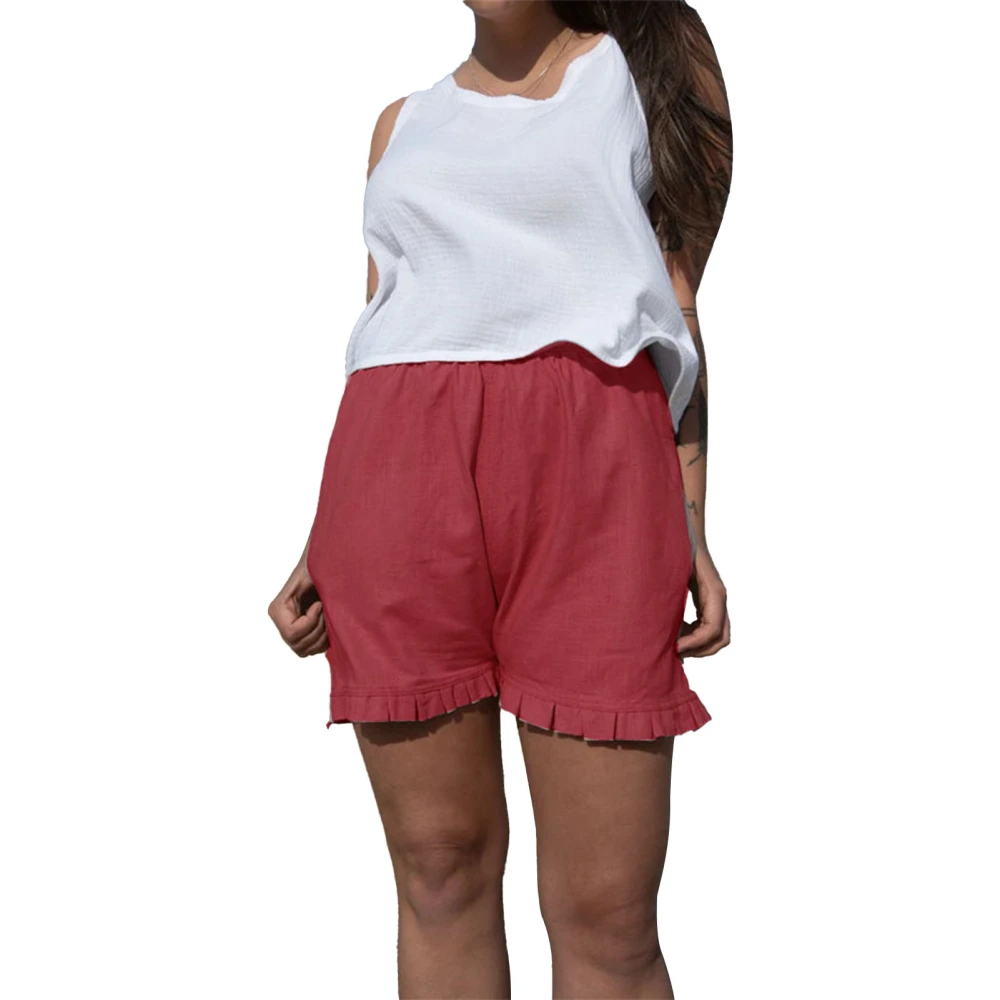 Women Casual Shorts Ruffle Trim Elastic Waist Pure Color Side Pockets Loose Fit Shorts Wine Red L