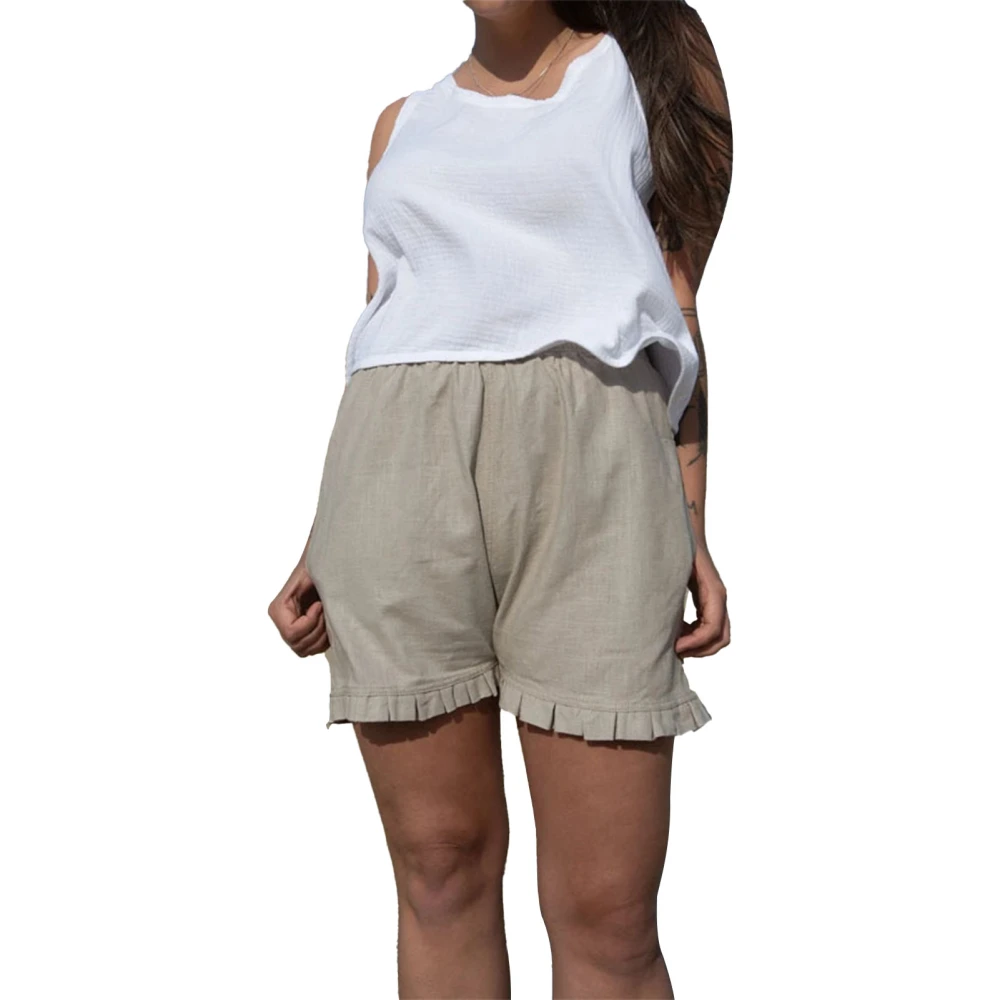 Women Casual Shorts Ruffle Trim Elastic Waist Pure Color Side Pockets Loose Fit Shorts Gray S