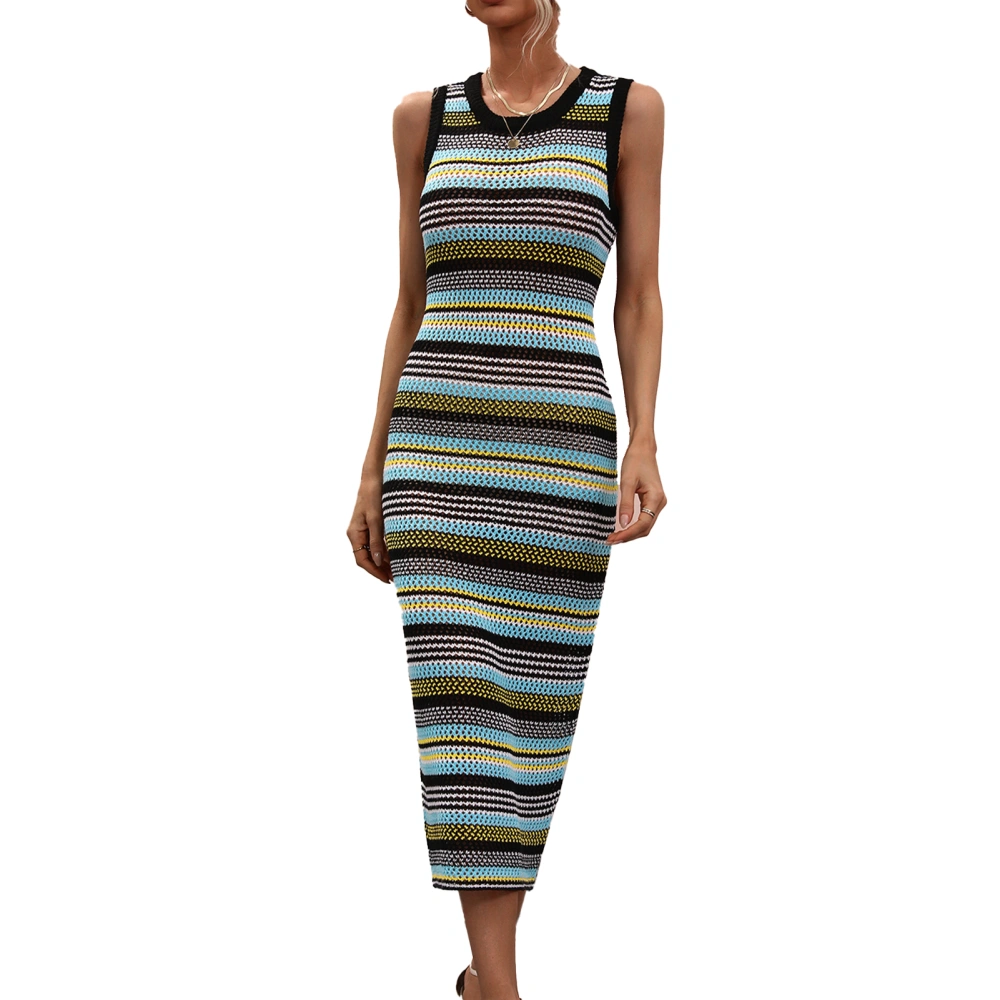 Women Knitted Long Dress Sleeveless Color Contrasting Stripe Printing Round Neck Summer Dress Black S