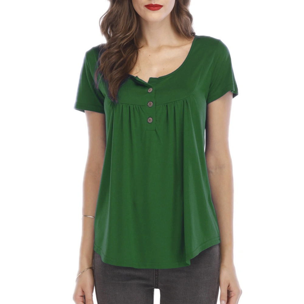 Women Round Neck Top Button Trim Pleated Bust Short Sleeves Loose Type Casual T Shirt Green S