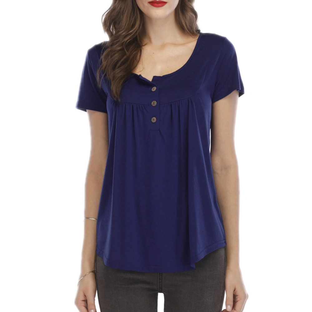 Women Round Neck Top Button Trim Pleated Bust Short Sleeves Loose Type Casual T Shirt Purplish Blue M