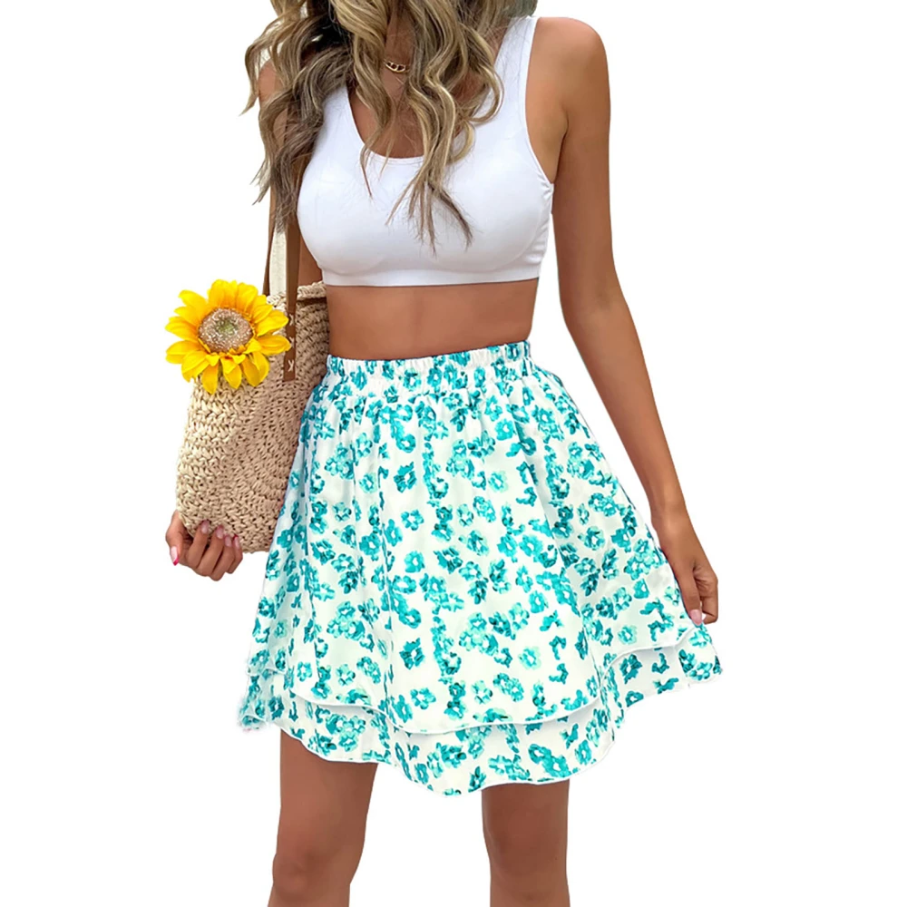 High Waist Short Skirt Elastic Soft Breathable Attractive Women Floral Short Skirt for Holiday Parties Green S