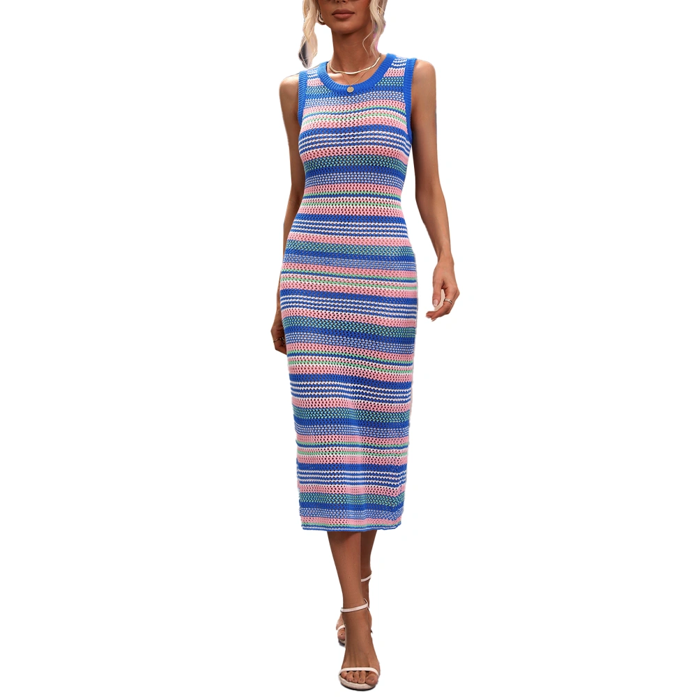 Women Knitted Long Dress Sleeveless Color Contrasting Stripe Printing Round Neck Summer Dress Blue S