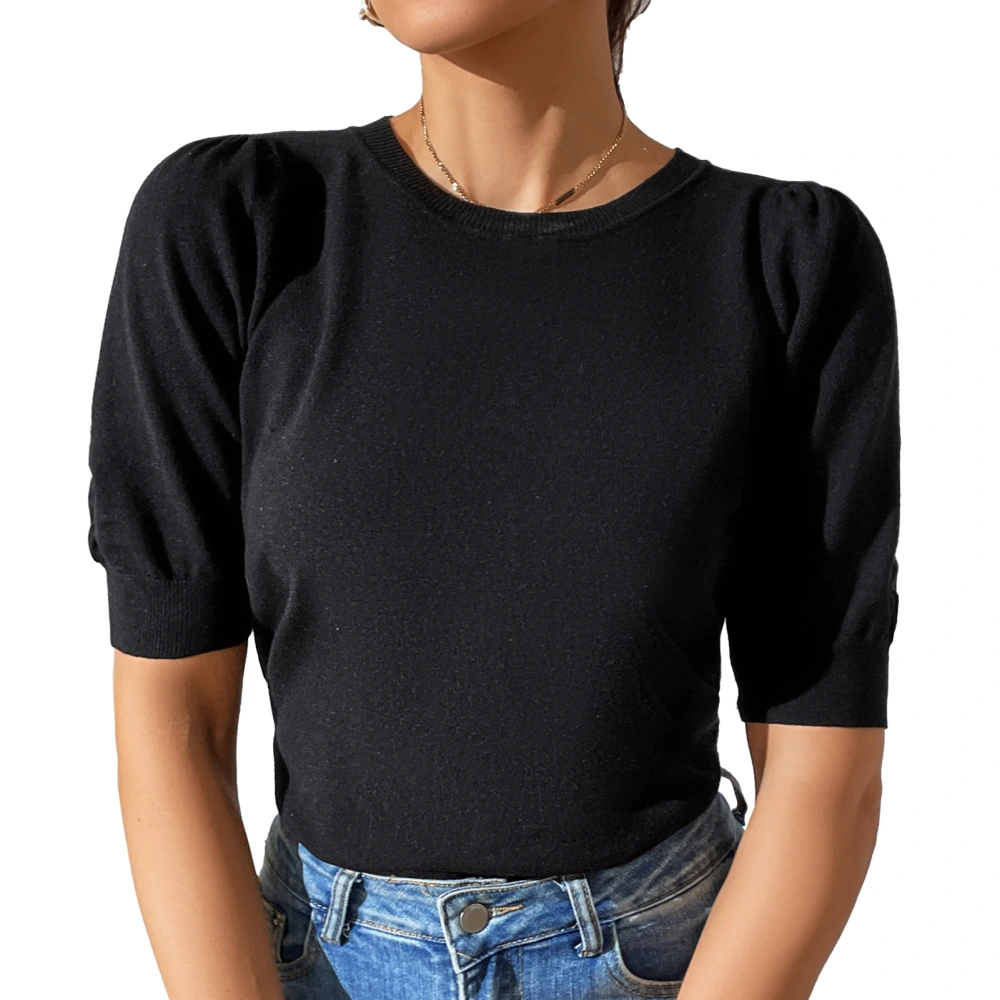 Women Knitted T Shirt Short Puff Sleeves Tighten Cuff Pure Color Casual Summer Top for Daily Wear Black M