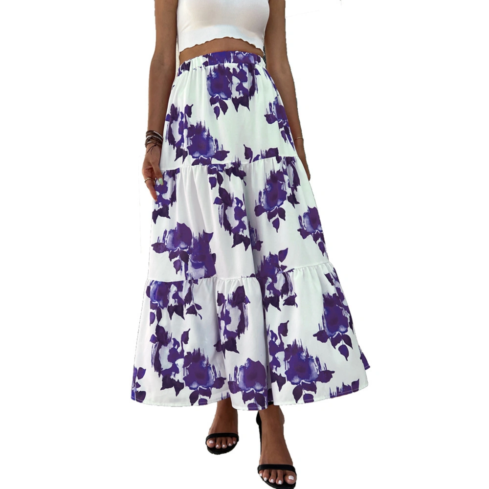 Elastic High Waist Floral Print Skirt Women Fashionable Elegant Tiered Long Skirt for Cocktail Party Purple XXL