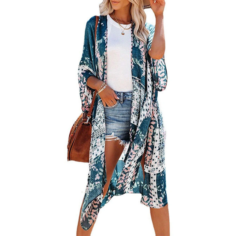 Women Sun Protection Cover Up Floral Printing Half Sleeves Side Split Bikini Front Open Coat Green Free Size