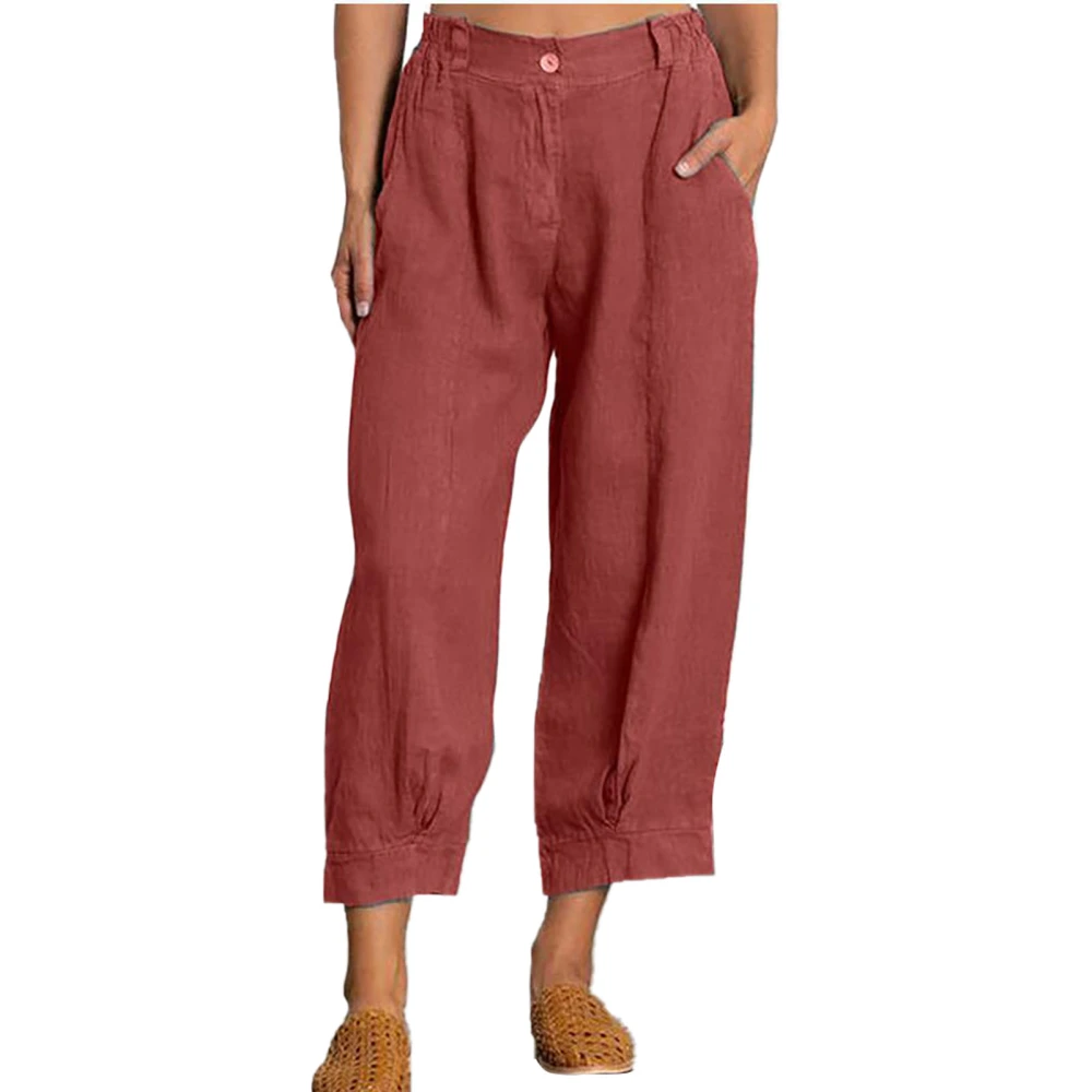 Women Pants Mid Waist Pure Color Casual Trousers with 2 Pockets for Home Outdoor Brick Red L