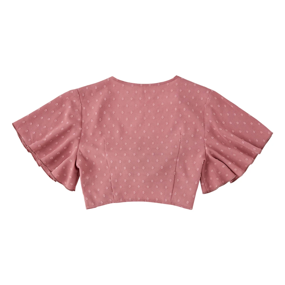 Tie Knot Short Top Elastic Sleeve Cute Lovely Loose Soft Tie Front Short Blouse for Summer Pink S