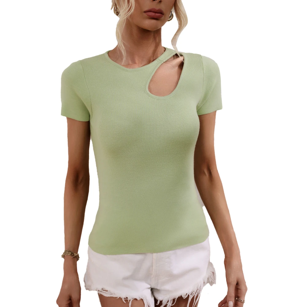 Women Cutout Top Pure Color Fashionable Slim Fitting Short Sleeve Cutout Shirt for Daily Light Green L