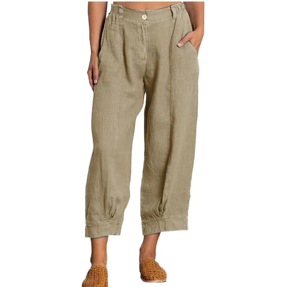 Women Pants Mid Waist Pure Color Casual Trousers with 2 Pockets for Home Outdoor Khaki XXL