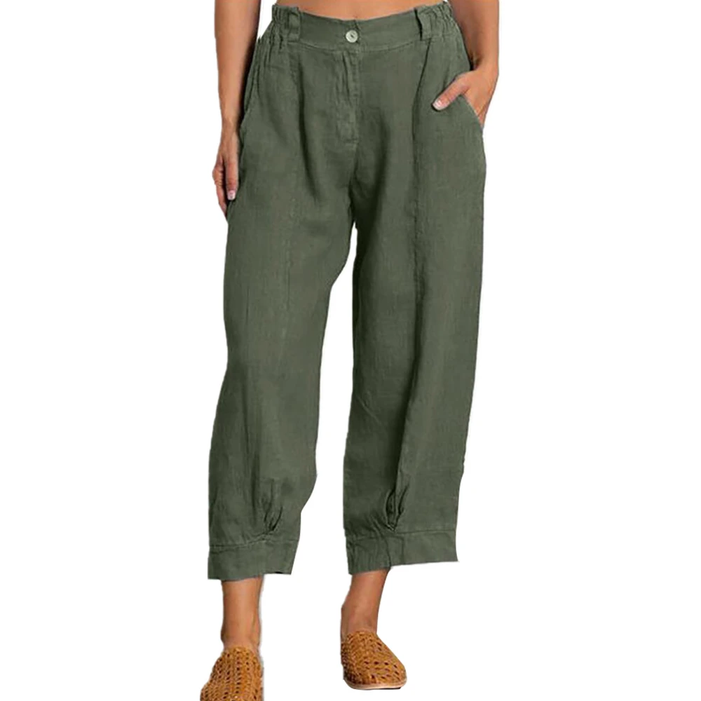 Women Pants Mid Waist Pure Color Casual Trousers with 2 Pockets for Home Outdoor OD Green L