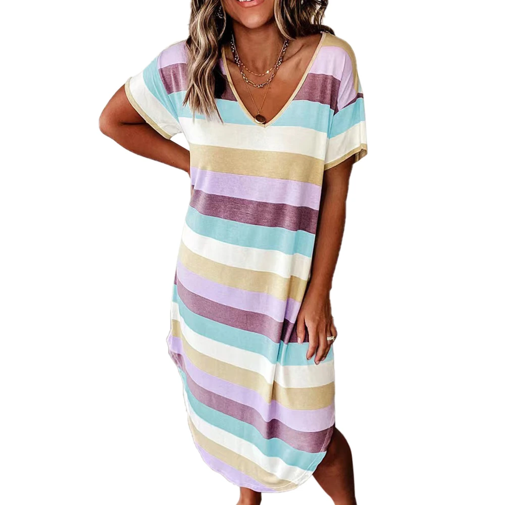 Split Side Maxi Dress Short Sleeve V Neck Casual Loose Curved Hem Striped Printed Maxi Long Dress for Women Purple XXL