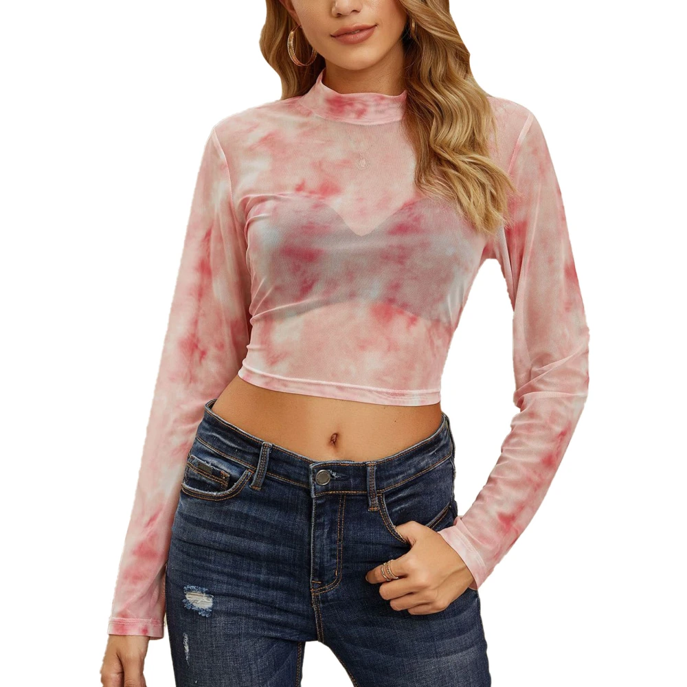 See Through Shirt Long Sleeve Semi High Neck Slim Fit Tie Dye Print Women Mesh Top for Daily Party Dating Pink XL