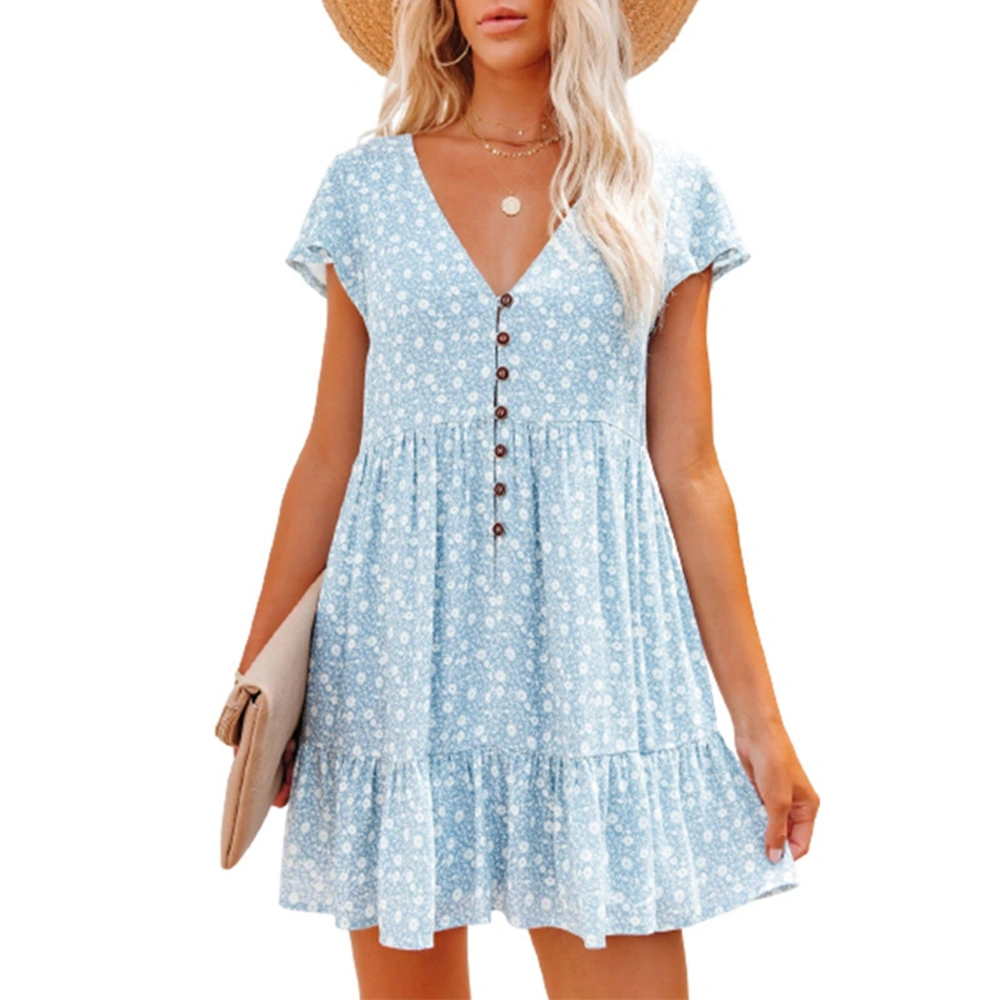 Women Short Sleeve V Neck Dress Button Front Floral Print Summer Loose Casual Swing Dress Sky Blue S