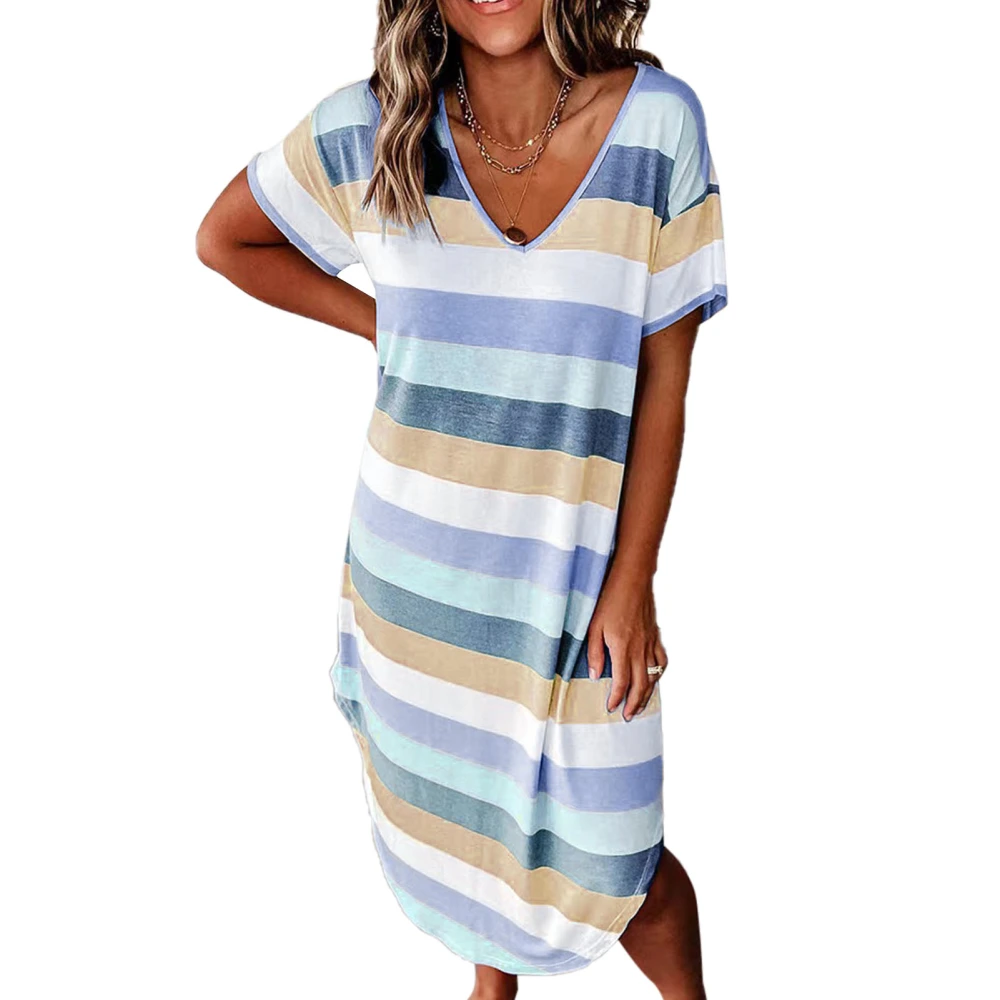 Split Side Maxi Dress Short Sleeve V Neck Casual Loose Curved Hem Striped Printed Maxi Long Dress for Women Dark Blue S