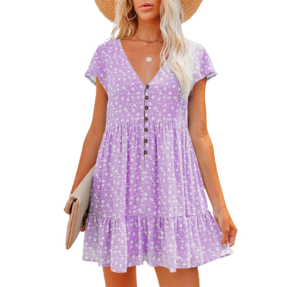 Women Short Sleeve V Neck Dress Button Front Floral Print Summer Loose Casual Swing Dress Purple L