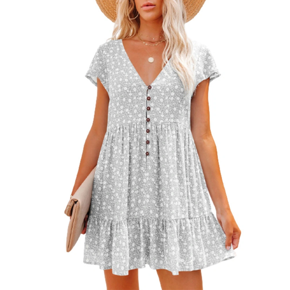 Women Short Sleeve V Neck Dress Button Front Floral Print Summer Loose Casual Swing Dress Gray L