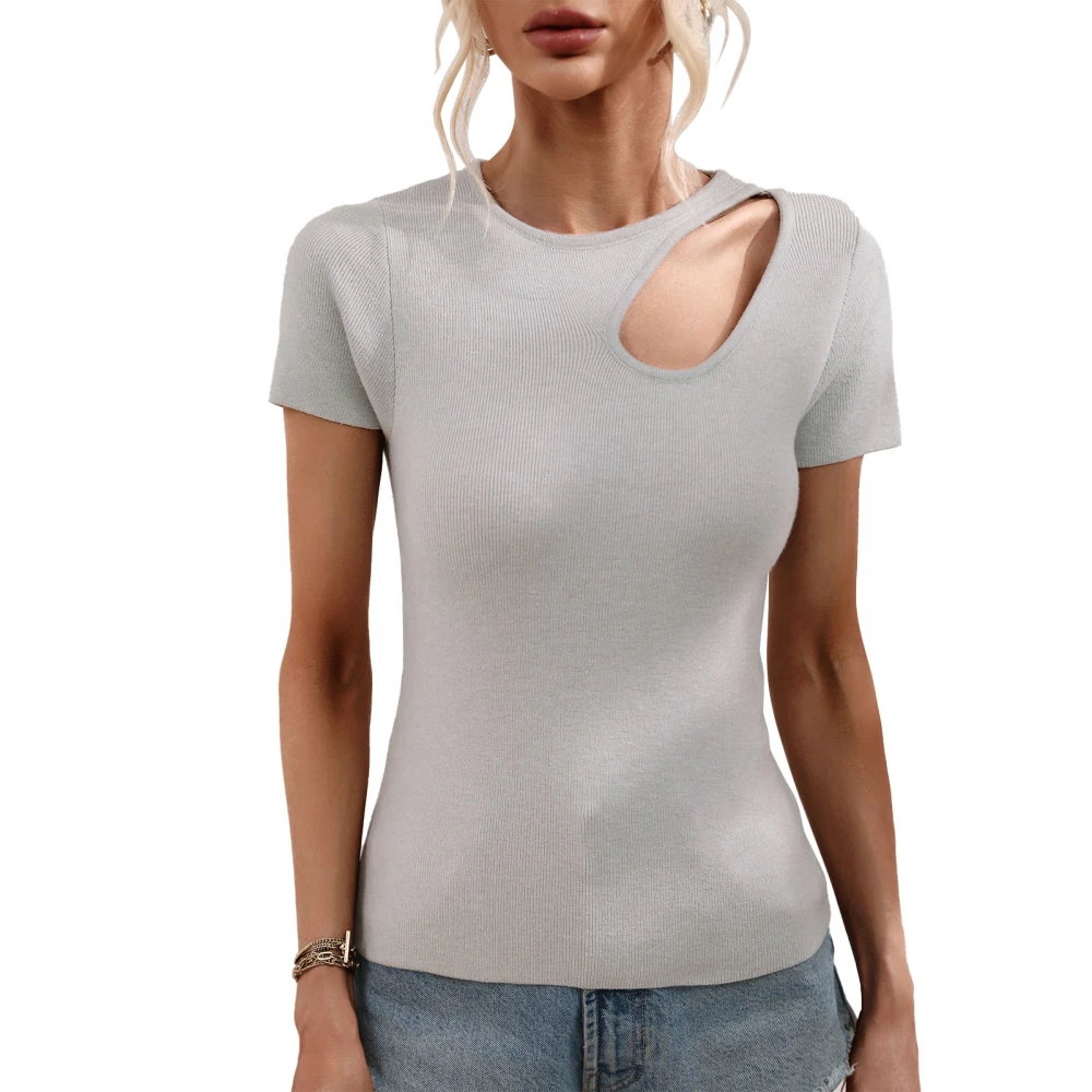 Women Cutout Top Pure Color Fashionable Slim Fitting Short Sleeve Cutout Shirt for Daily Grey L