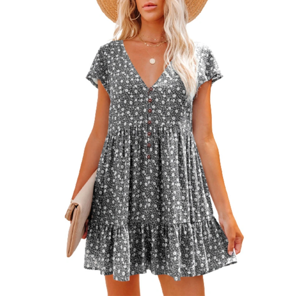 Women Short Sleeve V Neck Dress Button Front Floral Print Summer Loose Casual Swing Dress Black XL