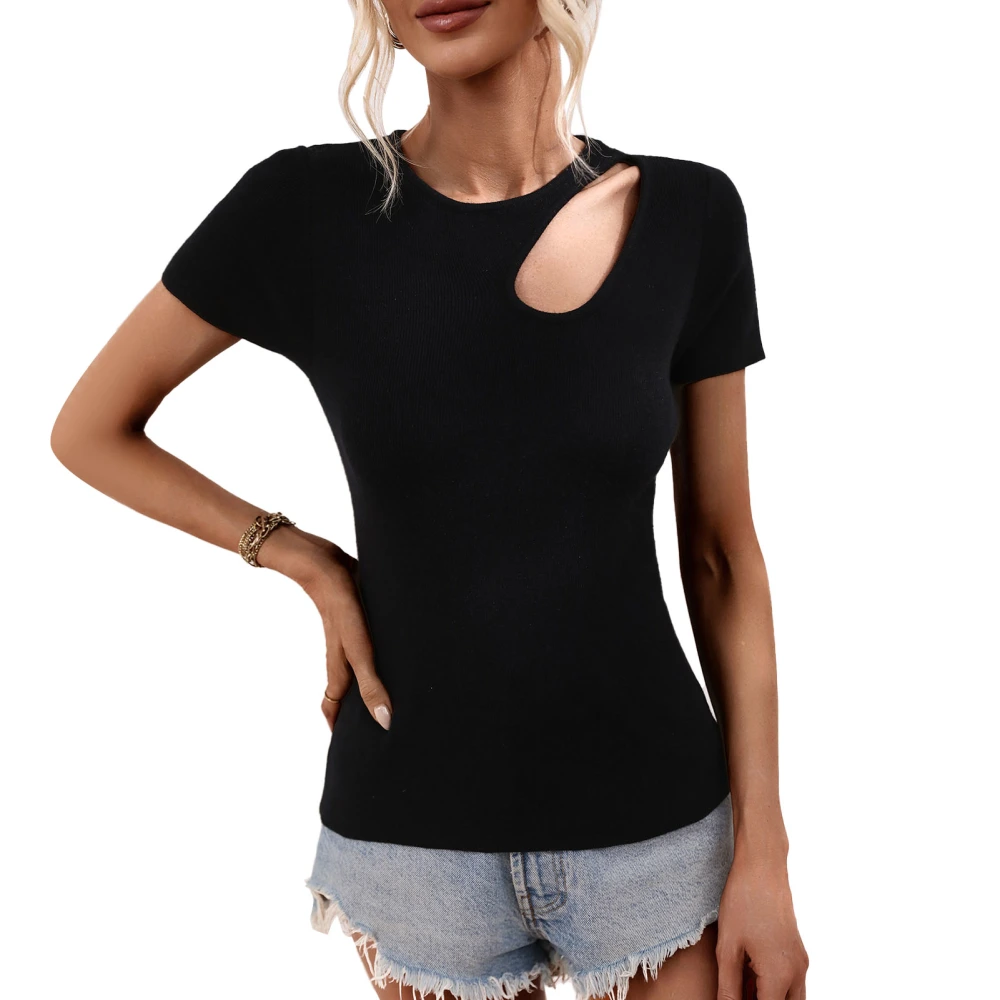 Women Cutout Top Pure Color Fashionable Slim Fitting Short Sleeve Cutout Shirt for Daily Black M